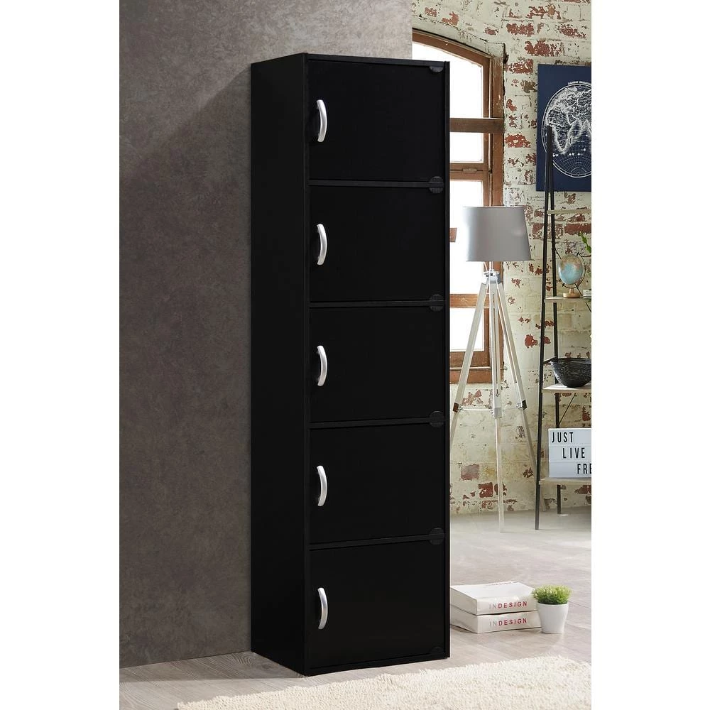 59 in. Black Wood 5-shelf Standard Bookcase with Doors by HODEDAH 4 59 in. Black Wood 5-shelf Standard Bookcase with Doors by HODEDAH - Image 2