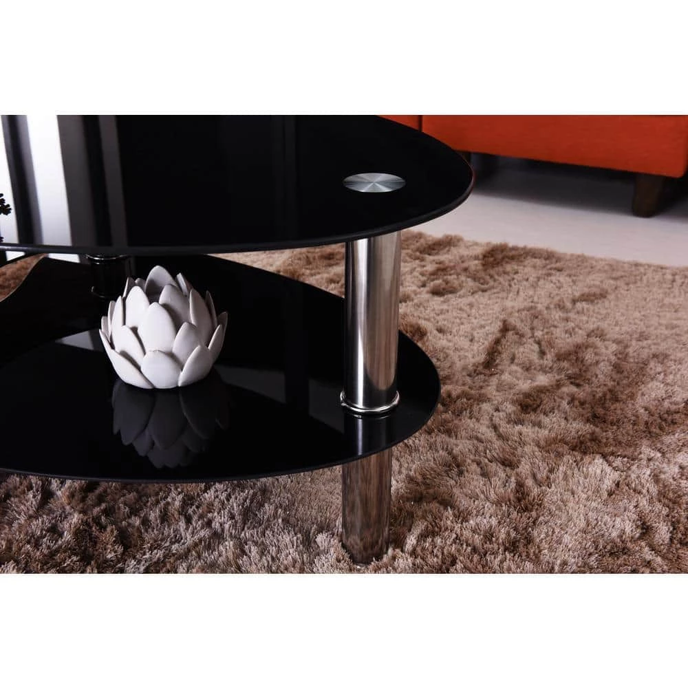 44 in. Black Large Oval Glass Coffee Table with Shelf by HODEDAH 6 44 in. Black Large Oval Glass Coffee Table with Shelf by HODEDAH - Image 4