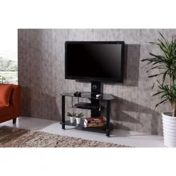 35 in. Black Glass TV Stand Fits TVs Up to 42 in. with Swivel Mount by HODEDAH