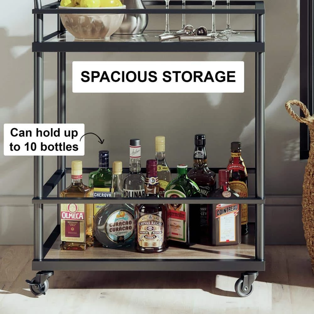 Carter Modern Rolling Glass Bar 2-Tier Serving Cart Matte Black Metal Frame Oak Wood Shelf by Nathan James 7 Carter Modern Rolling Glass Bar 2-Tier Serving Cart Matte Black Metal Frame Oak Wood Shelf by Nathan James - Image 5