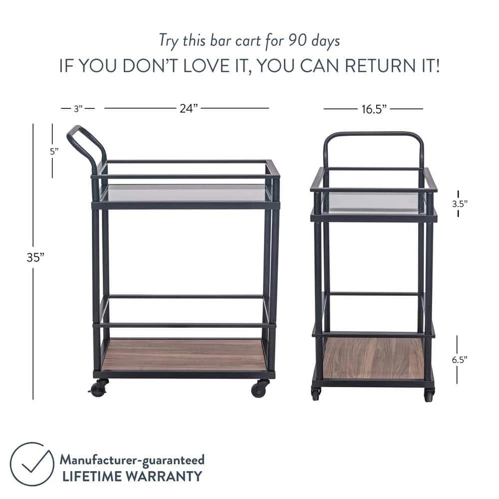 Carter Modern Rolling Glass Bar 2-Tier Serving Cart Matte Black Metal Frame Oak Wood Shelf by Nathan James 5 Carter Modern Rolling Glass Bar 2-Tier Serving Cart Matte Black Metal Frame Oak Wood Shelf by Nathan James - Image 3