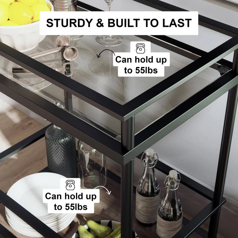 Carter Modern Rolling Glass Bar 2-Tier Serving Cart Matte Black Metal Frame Oak Wood Shelf by Nathan James 10 Carter Modern Rolling Glass Bar 2-Tier Serving Cart Matte Black Metal Frame Oak Wood Shelf by Nathan James - Image 8