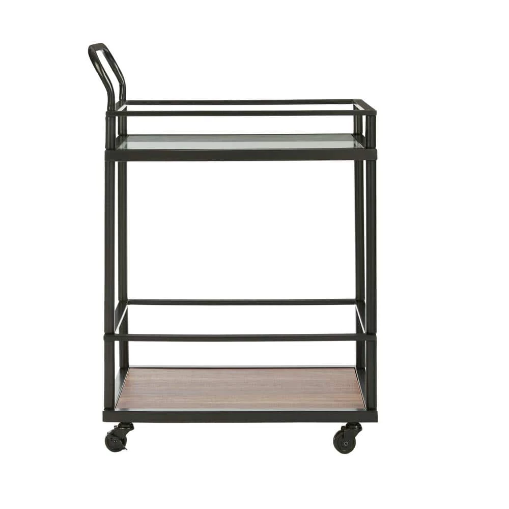 Carter Modern Rolling Glass Bar 2-Tier Serving Cart Matte Black Metal Frame Oak Wood Shelf by Nathan James 11 Carter Modern Rolling Glass Bar 2-Tier Serving Cart Matte Black Metal Frame Oak Wood Shelf by Nathan James - Image 9