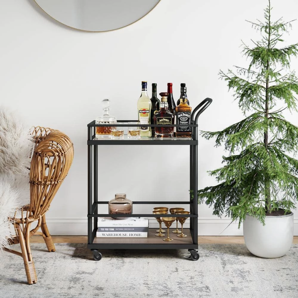 Carter Modern Rolling Glass Bar 2-Tier Serving Cart Matte Black Metal Frame Oak Wood Shelf by Nathan James 4 Carter Modern Rolling Glass Bar 2-Tier Serving Cart Matte Black Metal Frame Oak Wood Shelf by Nathan James - Image 2