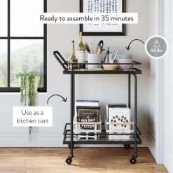 Sally 2-Tiered Black Metal Frame Glass Rolling Bar Cart and Tea or Cocktail Cart by Nathan James -US Pride Furniture Shop black nathan james bar carts 45102 31 1000