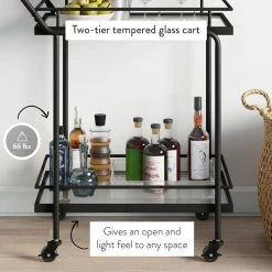 Sally 2-Tiered Black Metal Frame Glass Rolling Bar Cart and Tea or Cocktail Cart by Nathan James -US Pride Furniture Shop black nathan james bar carts 45102 44 1000