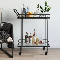 Sally 2-Tiered Black Metal Frame Glass Rolling Bar Cart and Tea or Cocktail Cart by Nathan James