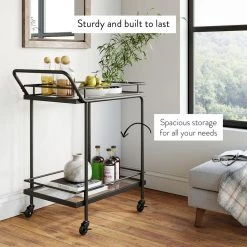 Sally 2-Tiered Black Metal Frame Glass Rolling Bar Cart and Tea or Cocktail Cart by Nathan James -US Pride Furniture Shop black nathan james bar carts 45102 76 1000