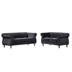 Louis Black Velvet Nailhead Living Room Set Sofa and Loveseat by US Pride Furniture