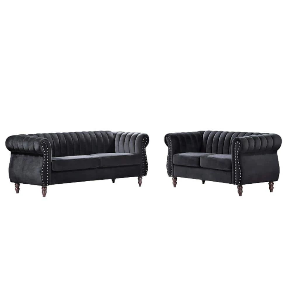 Louis Black Velvet Nailhead Living Room Set Sofa and Loveseat by US Pride Furniture 3 Louis Black Velvet Nailhead Living Room Set Sofa and Loveseat by US Pride Furniture