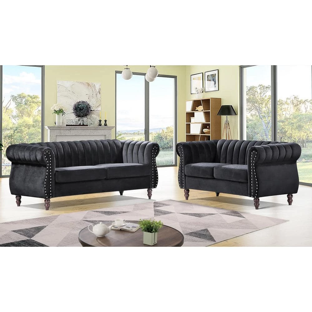 Louis Black Velvet Nailhead Living Room Set Sofa and Loveseat by US Pride Furniture 5 Louis Black Velvet Nailhead Living Room Set Sofa and Loveseat by US Pride Furniture - Image 3