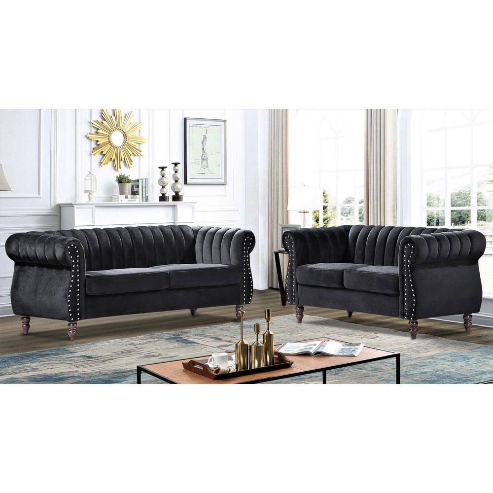 Louis Black Velvet Nailhead Living Room Set Sofa and Loveseat by US Pride Furniture 4 Louis Black Velvet Nailhead Living Room Set Sofa and Loveseat by US Pride Furniture - Image 2