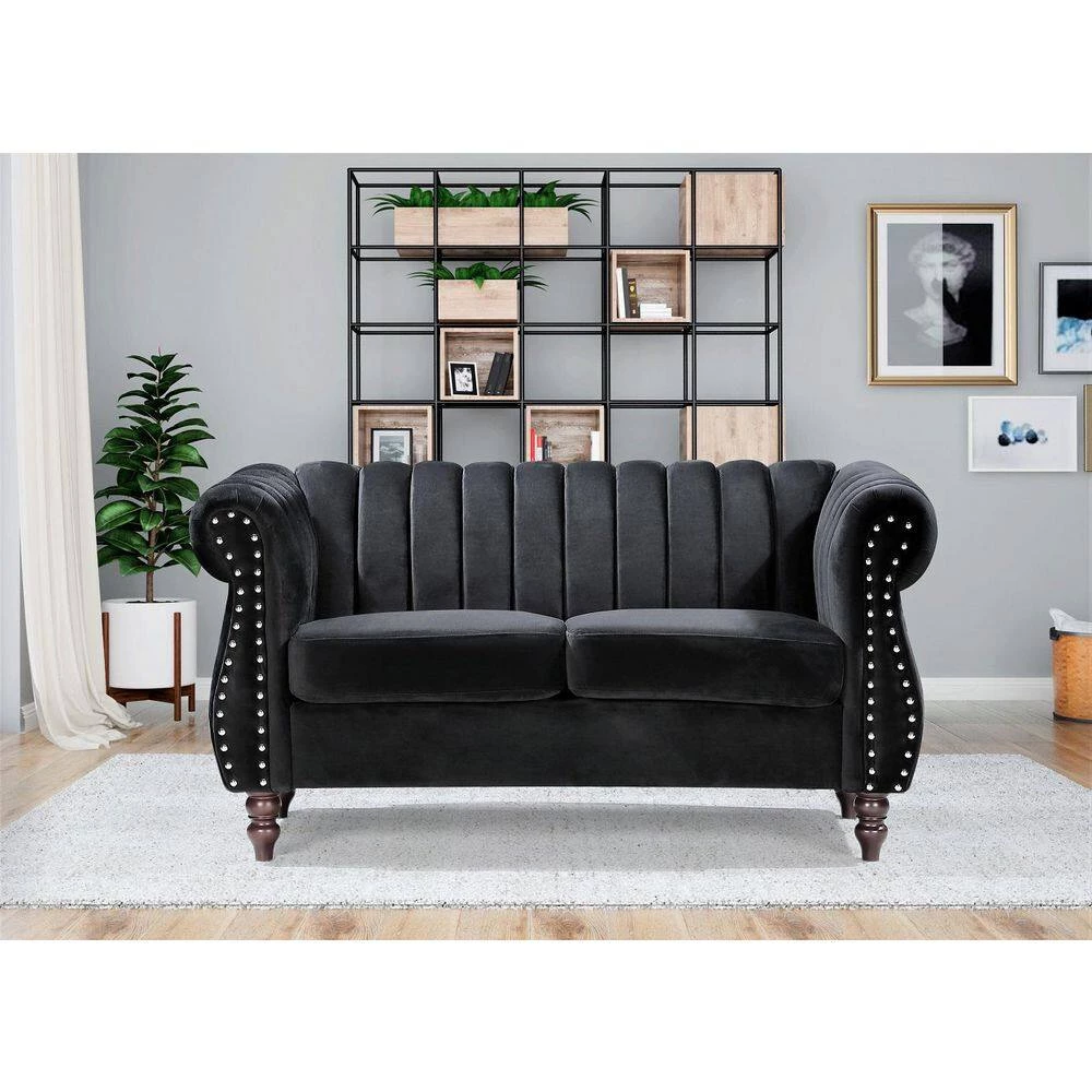 Louis 59.1 in. Black Channel Tufted Velvet 2-Seats Loveseat with Nailheads by US Pride Furniture 7 Louis 59.1 in. Black Channel Tufted Velvet 2-Seats Loveseat with Nailheads by US Pride Furniture - Image 5