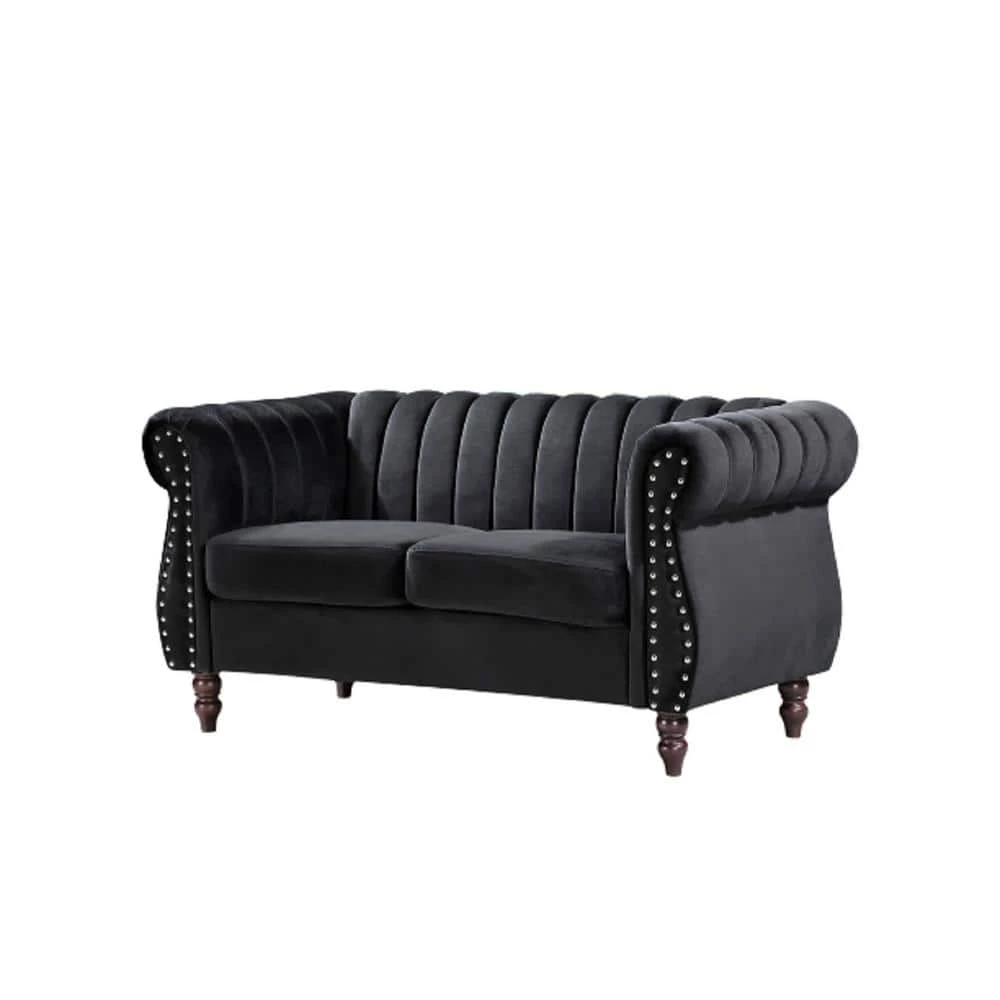 Louis 59.1 in. Black Channel Tufted Velvet 2-Seats Loveseat with Nailheads by US Pride Furniture 5 Louis 59.1 in. Black Channel Tufted Velvet 2-Seats Loveseat with Nailheads by US Pride Furniture - Image 3