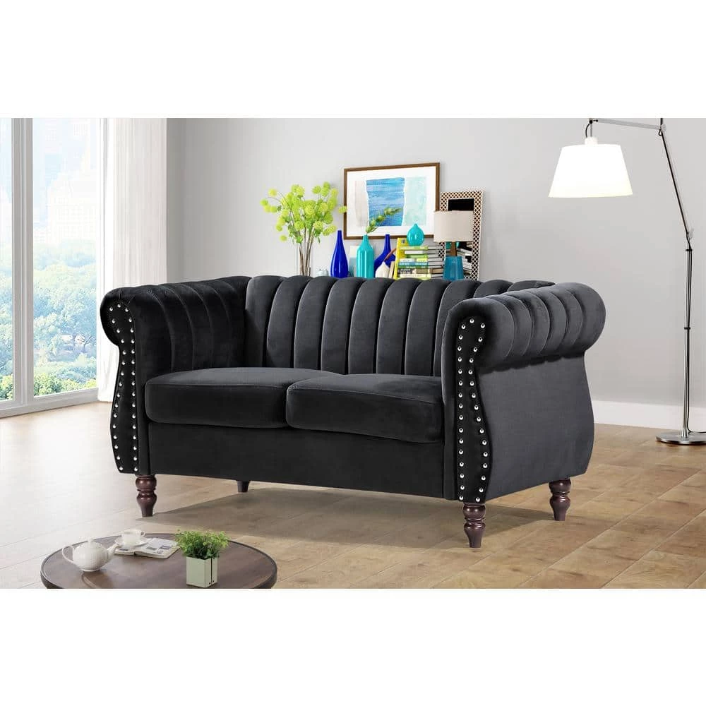 Louis 59.1 in. Black Channel Tufted Velvet 2-Seats Loveseat with Nailheads by US Pride Furniture 4 Louis 59.1 in. Black Channel Tufted Velvet 2-Seats Loveseat with Nailheads by US Pride Furniture - Image 2