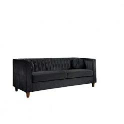 Lowery 79.5 in. W Square Arm Velvet 3-Seats Tuxedo Straight Sofa with Square Arms in Black by US Pride Furniture