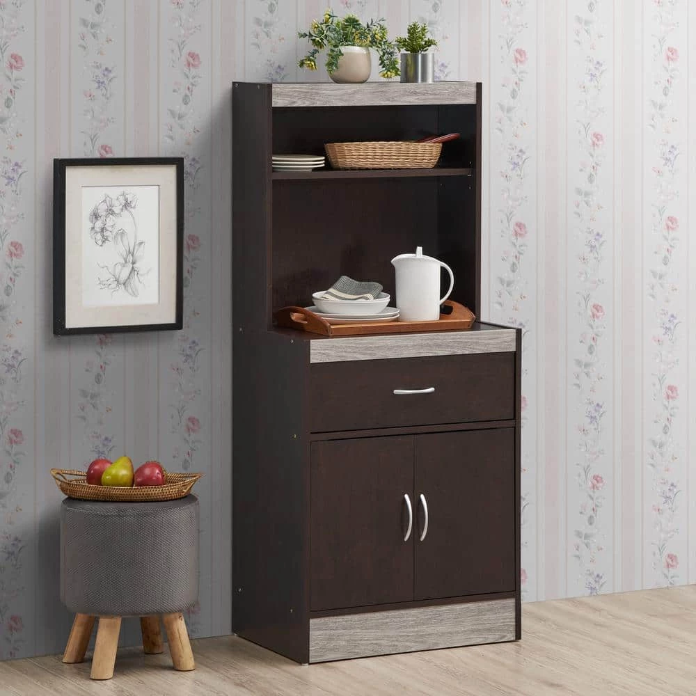 54 in. Chocolate-Grey Tall Open Shelves 1-Drawer and Bottom Enclosed Storage Kitchen Cabinet by HODEDAH 4 54 in. Chocolate-Grey Tall Open Shelves 1-Drawer and Bottom Enclosed Storage Kitchen Cabinet by HODEDAH - Image 2