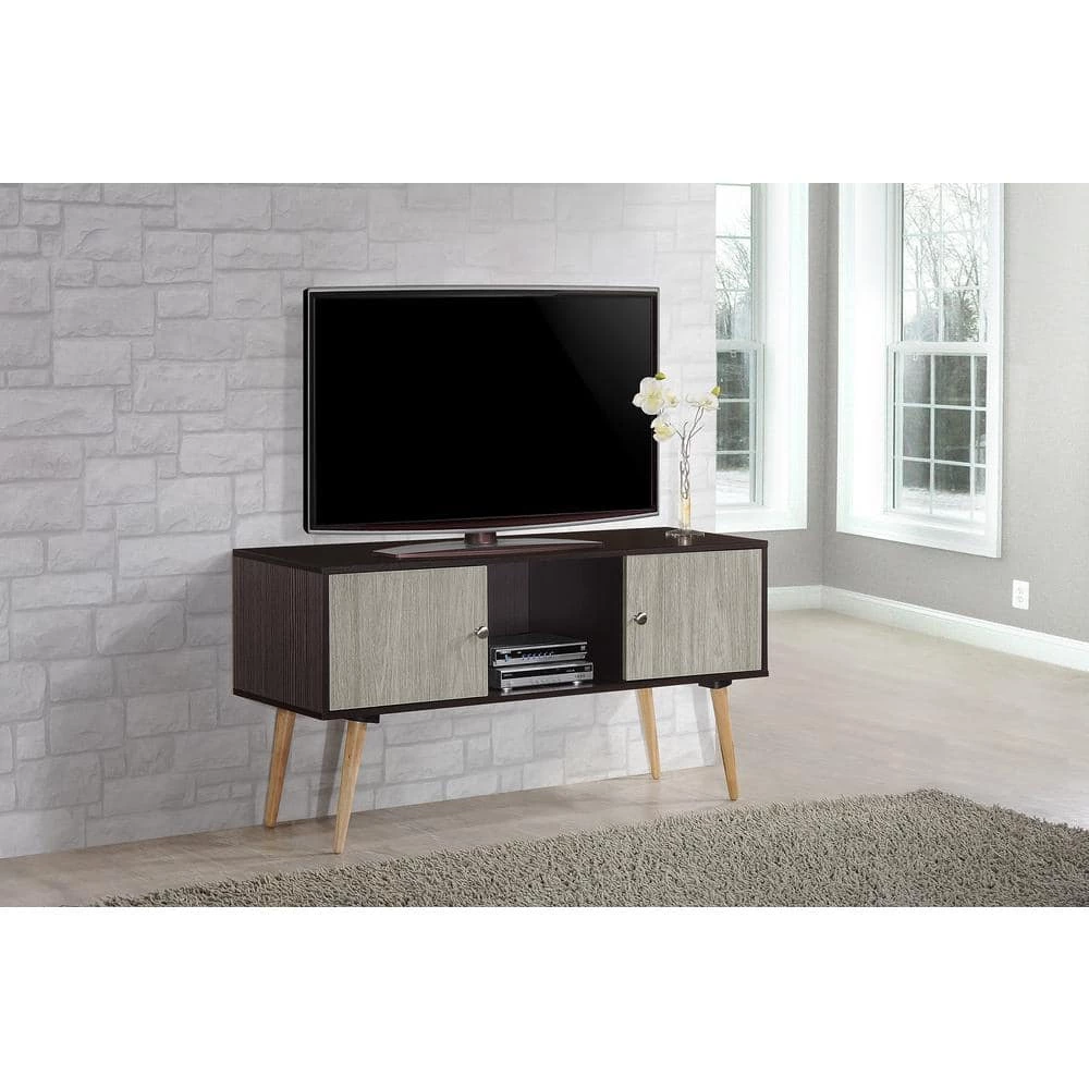 47 in. Chocolate and Grey Oak Wood TV Stand Fits TVs Up to 60 in. with Storage Doors by HODEDAH 3 47 in. Chocolate and Grey Oak Wood TV Stand Fits TVs Up to 60 in. with Storage Doors by HODEDAH