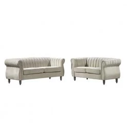 Louis Cream Velvet Nailhead Living Room Set Sofa and Loveseat by US Pride Furniture