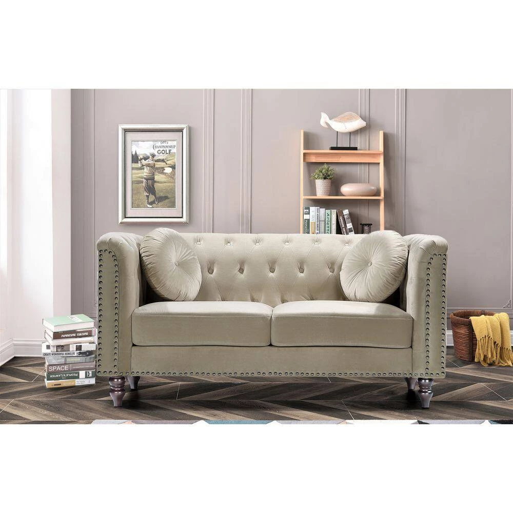Vivian 64.17 in. Cream Classic Velvet 2-Seats Chesterfield Loveseat with Nailheads by US Pride Furniture 6 Vivian 64.17 in. Cream Classic Velvet 2-Seats Chesterfield Loveseat with Nailheads by US Pride Furniture - Image 4