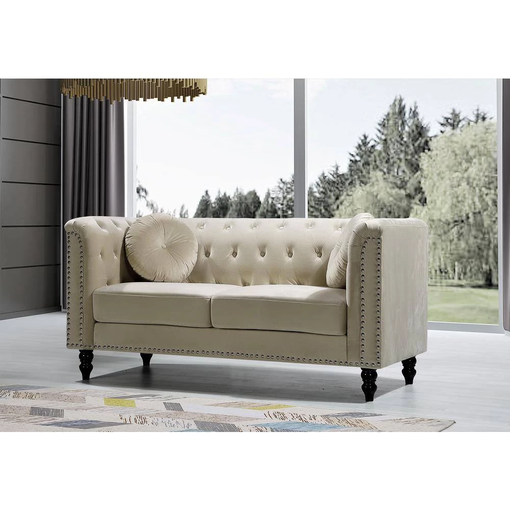 Vivian 64.17 in. Cream Classic Velvet 2-Seats Chesterfield Loveseat with Nailheads by US Pride Furniture 4 Vivian 64.17 in. Cream Classic Velvet 2-Seats Chesterfield Loveseat with Nailheads by US Pride Furniture - Image 2