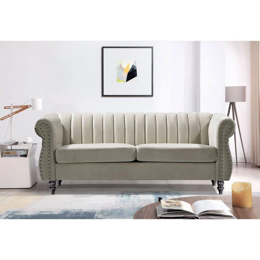 Louis 76.4 in. Cream Velvet 3-Seater Chesterfield Sofa with Nailheads by US Pride Furniture 7 Louis 76.4 in. Cream Velvet 3-Seater Chesterfield Sofa with Nailheads by US Pride Furniture - Image 5