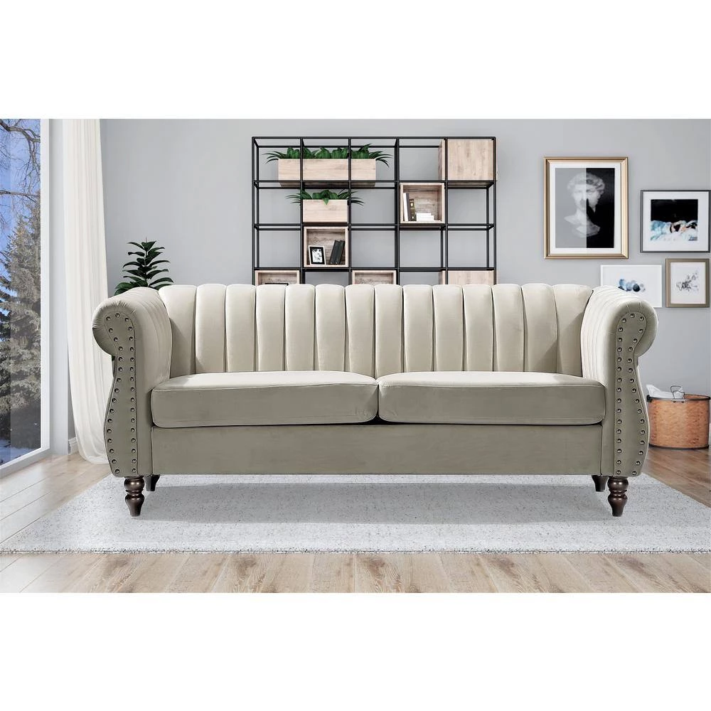 Louis 76.4 in. Cream Velvet 3-Seater Chesterfield Sofa with Nailheads by US Pride Furniture 6 Louis 76.4 in. Cream Velvet 3-Seater Chesterfield Sofa with Nailheads by US Pride Furniture - Image 4