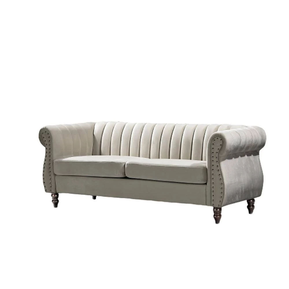 Louis 76.4 in. Cream Velvet 3-Seater Chesterfield Sofa with Nailheads by US Pride Furniture 5 Louis 76.4 in. Cream Velvet 3-Seater Chesterfield Sofa with Nailheads by US Pride Furniture - Image 3