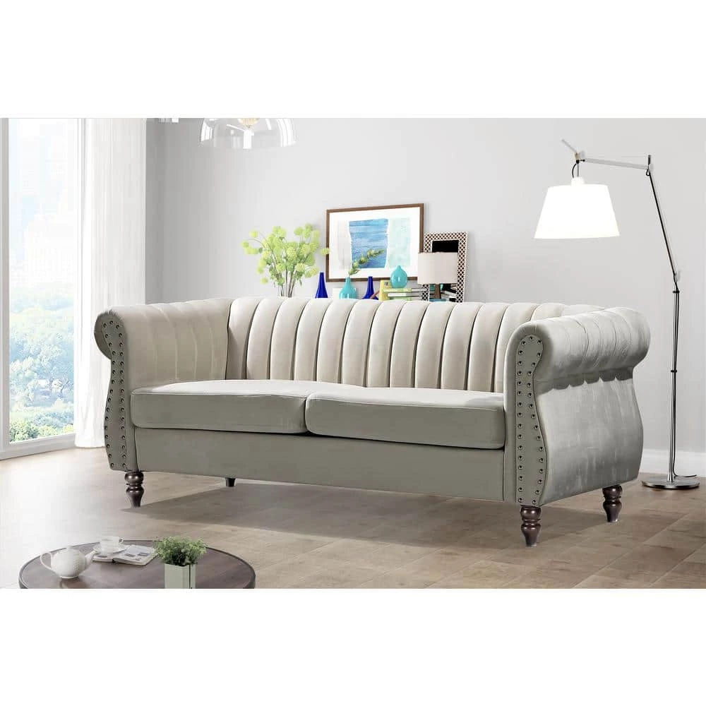 Louis 76.4 in. Cream Velvet 3-Seater Chesterfield Sofa with Nailheads by US Pride Furniture 4 Louis 76.4 in. Cream Velvet 3-Seater Chesterfield Sofa with Nailheads by US Pride Furniture - Image 2
