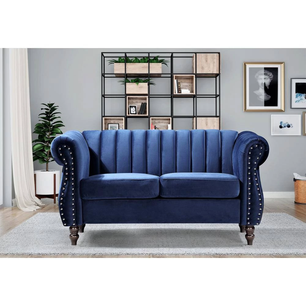 Louis 59.1 in. Dark Blue Channel Tufted Velvet 2-Seater Loveseat with Nailheads by US Pride Furniture 6 Louis 59.1 in. Dark Blue Channel Tufted Velvet 2-Seater Loveseat with Nailheads by US Pride Furniture - Image 4