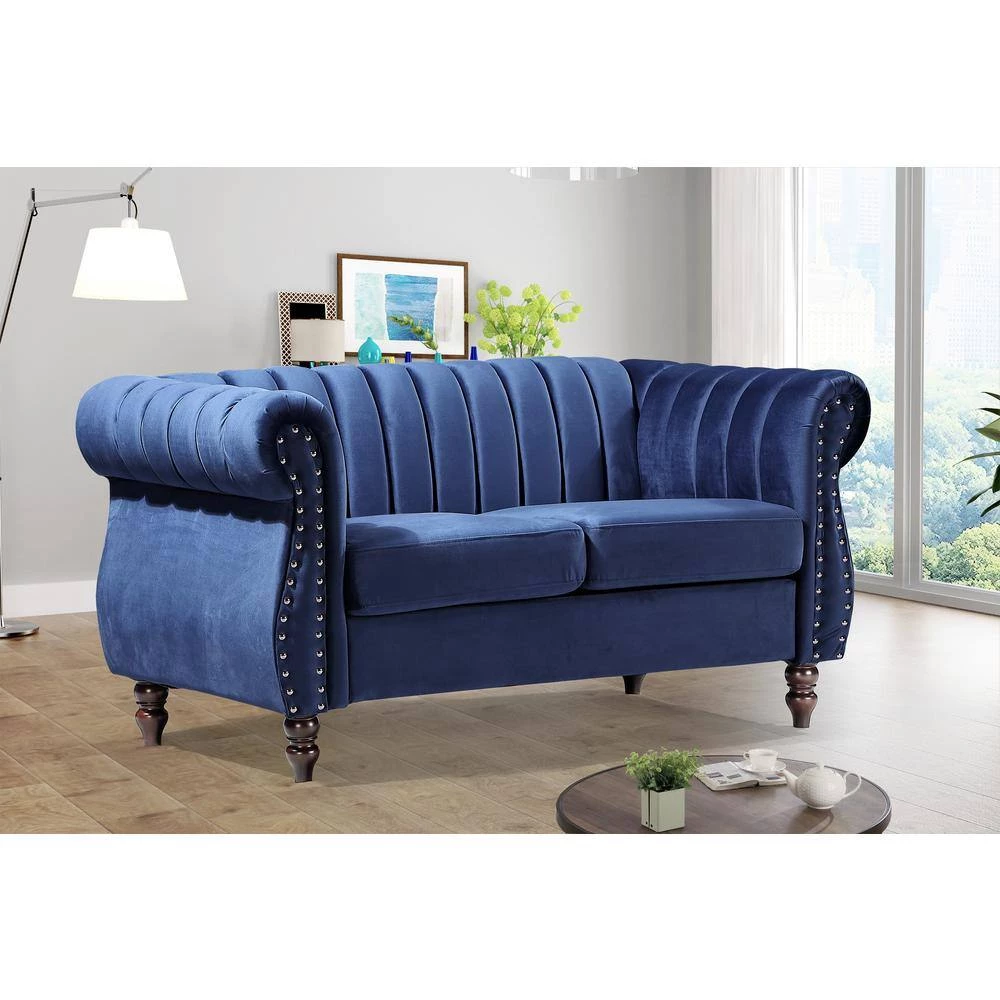 Louis 59.1 in. Dark Blue Channel Tufted Velvet 2-Seater Loveseat with Nailheads by US Pride Furniture 4 Louis 59.1 in. Dark Blue Channel Tufted Velvet 2-Seater Loveseat with Nailheads by US Pride Furniture - Image 2