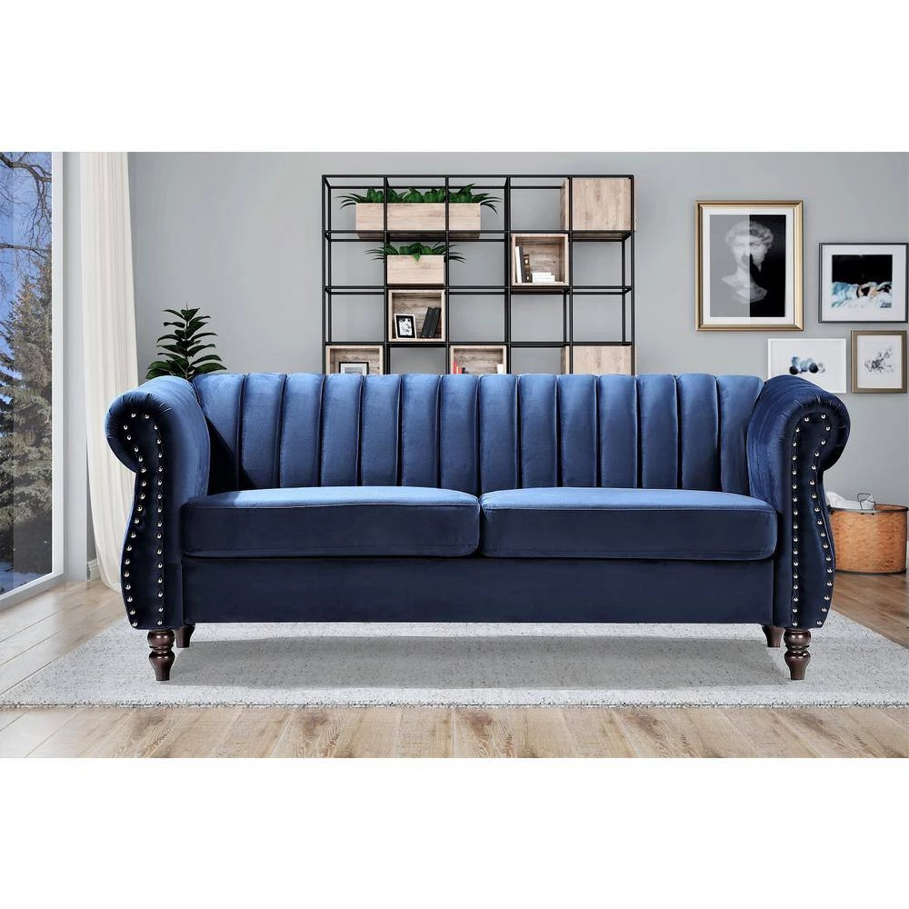 Louis 76.4 in. Dark Blue Velvet 3-Seater Chesterfield Sofa with Nailheads by US Pride Furniture 6 Louis 76.4 in. Dark Blue Velvet 3-Seater Chesterfield Sofa with Nailheads by US Pride Furniture - Image 4