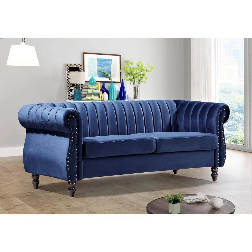Louis 76.4 in. Dark Blue Velvet 3-Seater Chesterfield Sofa with Nailheads by US Pride Furniture 4 Louis 76.4 in. Dark Blue Velvet 3-Seater Chesterfield Sofa with Nailheads by US Pride Furniture - Image 2