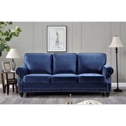 Ramos 85 in. W Round Arm 3-Seats Dark Blue Velvet Nailhead Straight Lawson Sofa in Blue by US Pride Furniture -US Pride Furniture Shop dark blue us pride furniture sofas couches s5671 s h2 31 1000