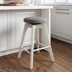 Amalia 26 in. Dark Gray Backless Counter Height 360° Swivel Upholstered Seat with White Solid Wood Kitchen Bar Stool by Nathan James