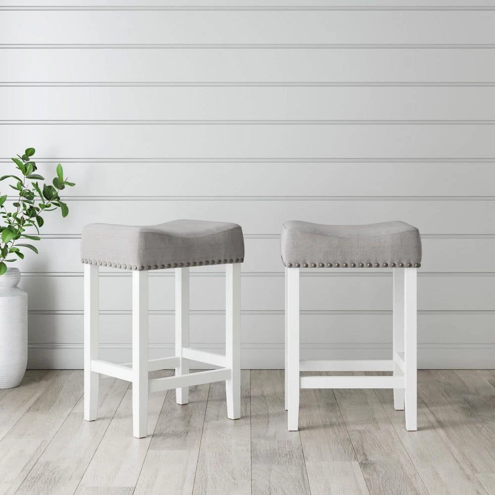 Set of 2 Hylie 24 in. Gray Fabric Cushion White Finish Nailhead Wood Pub-Height Counter Bar Stools by Nathan James 7 Set of 2 Hylie 24 in. Gray Fabric Cushion White Finish Nailhead Wood Pub-Height Counter Bar Stools by Nathan James - Image 5