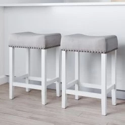 Set of 2 Hylie 24 in. Gray Fabric Cushion White Finish Nailhead Wood Pub-Height Counter Bar Stools by Nathan James