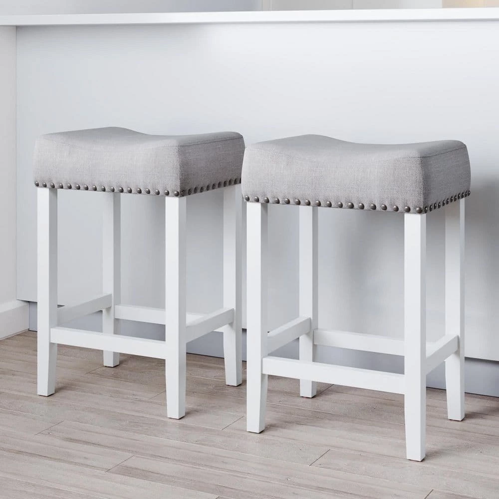 Set of 2 Hylie 24 in. Gray Fabric Cushion White Finish Nailhead Wood Pub-Height Counter Bar Stools by Nathan James 3 Set of 2 Hylie 24 in. Gray Fabric Cushion White Finish Nailhead Wood Pub-Height Counter Bar Stools by Nathan James