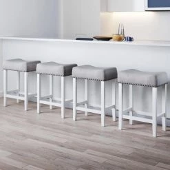 Hylie 24 in. Gray Fabric Cushion White Finish Nailhead Wood Pub-Height Counter Bar Stools, Set of 4 by Nathan James
