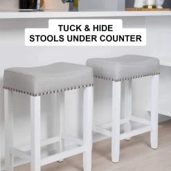 Hylie 24 in. Gray Fabric Cushion White Finish Nailhead Wood Pub-Height Counter Bar Stools, Set of 4 by Nathan James -US Pride Furniture Shop fabric gray white nathan james bar stools 21301 4 c3 1000