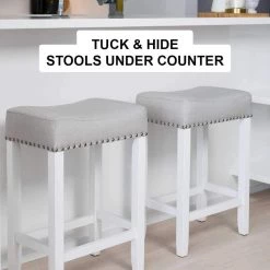 Hylie 24 in. Gray Fabric Cushion White Finish Nailhead Wood Pub-Height Counter Bar Stool by Nathan James -US Pride Furniture Shop fabric gray white nathan james bar stools 21301 4f 1000