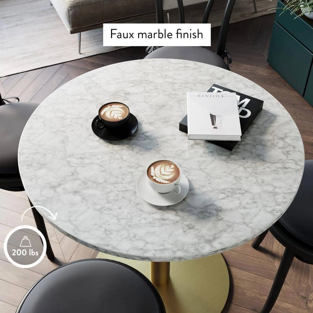 Lucy White Carrara Faux Marble Table Top with Black and Gold Pedestal Base Modern Kitchen or Dining Table by Nathan James 6 Lucy White Carrara Faux Marble Table Top with Black and Gold Pedestal Base Modern Kitchen or Dining Table by Nathan James - Image 4