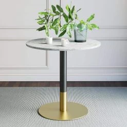 Lucy White Carrara Faux Marble Table Top with Black and Gold Pedestal Base Modern Kitchen or Dining Table by Nathan James