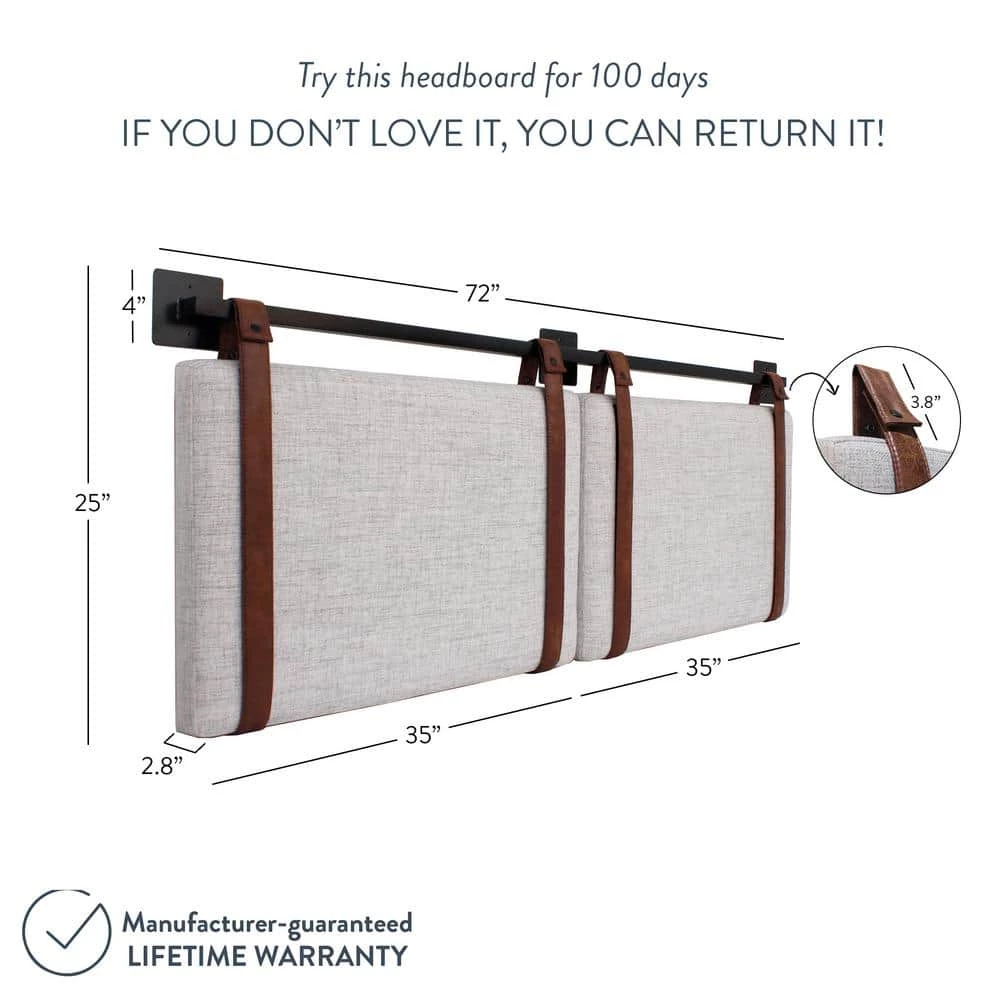 Harlow 72 in. King Wall Mount Gray Upholstered Headboard Adjustable Brown Leather Straps and Black Metal Rail by Nathan James 8 Harlow 72 in. King Wall Mount Gray Upholstered Headboard Adjustable Brown Leather Straps and Black Metal Rail by Nathan James - Image 6