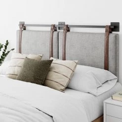 Harlow 72 in. King Wall Mount Gray Upholstered Headboard Adjustable Brown Leather Straps and Black Metal Rail by Nathan James