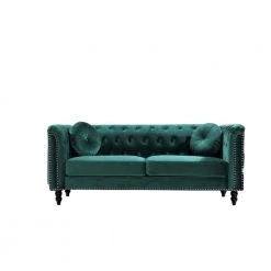 Vivian 75.98 in. W Green Classic Flared Arm Velvet 3-Seats Straight Chesterfield Sofa with Nailheads by US Pride Furniture