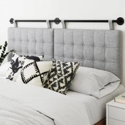Remi King 71 in. W Button Tufted Gray/Black King Wall Mount Upholstered Panels Adjustable Straps Metal Rail Headboard by Nathan James