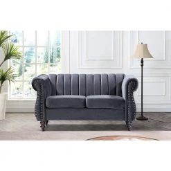 Louis 59.1 in. Grey Channel Tufted Velvet 2-Seater Loveseat with Nailheads by US Pride Furniture -US Pride Furniture Shop grey us pride furniture loveseats s5646 l h2 31 1000