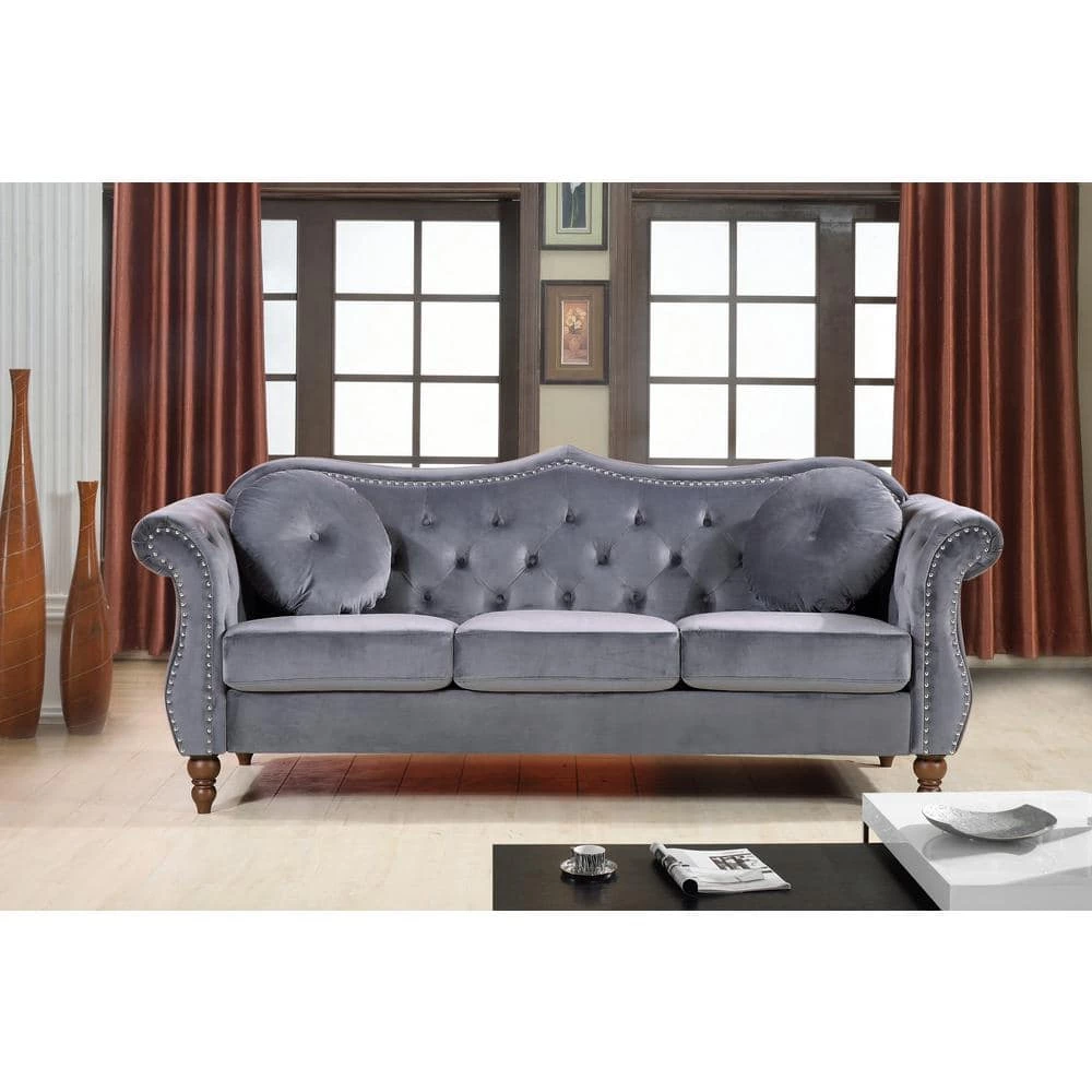 Bellbrook 79.5 in. Grey Velvet 3-Seater Camelback Sofa with Nailheads by US Pride Furniture 5 Bellbrook 79.5 in. Grey Velvet 3-Seater Camelback Sofa with Nailheads by US Pride Furniture - Image 3