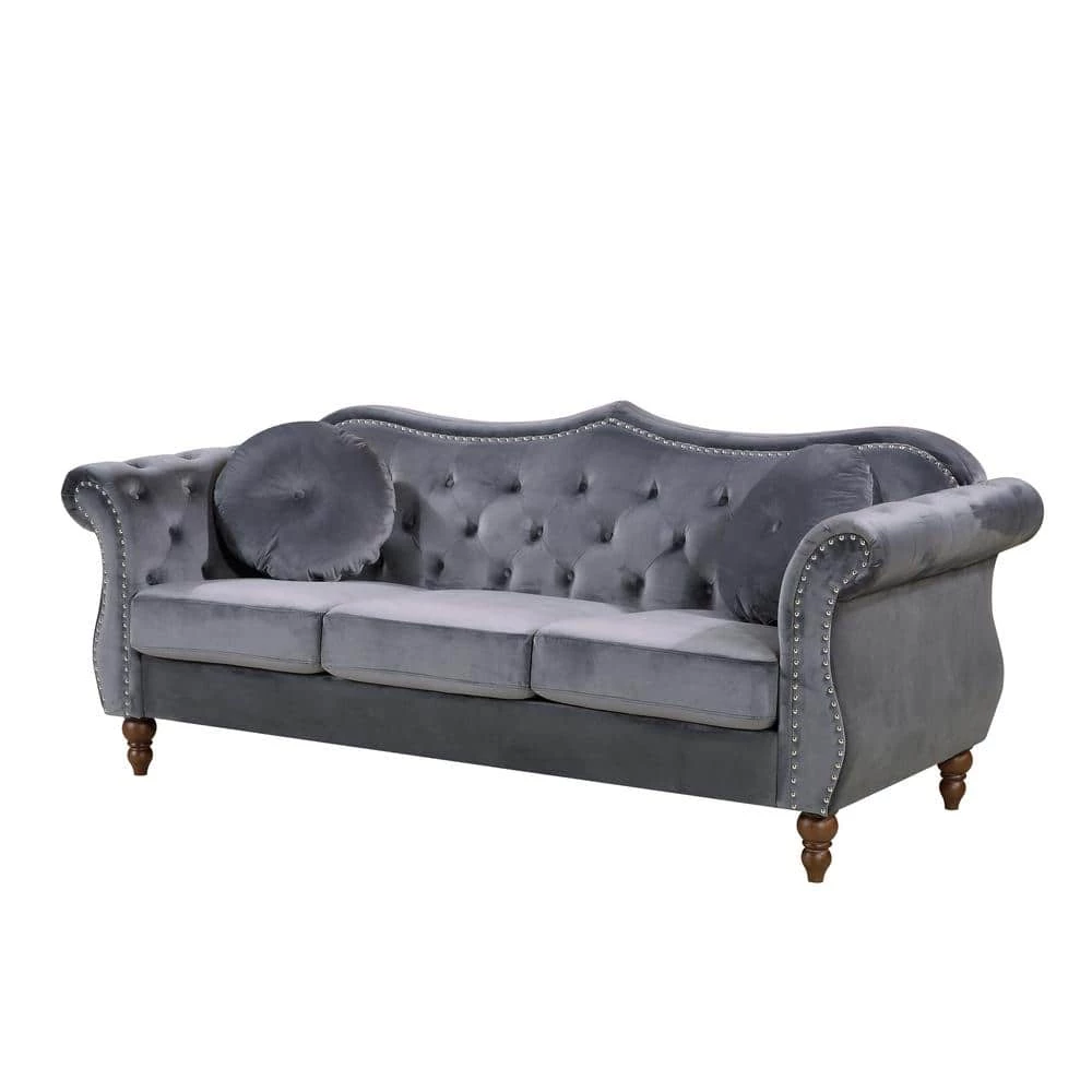 Bellbrook 79.5 in. Grey Velvet 3-Seater Camelback Sofa with Nailheads by US Pride Furniture 3 Bellbrook 79.5 in. Grey Velvet 3-Seater Camelback Sofa with Nailheads by US Pride Furniture